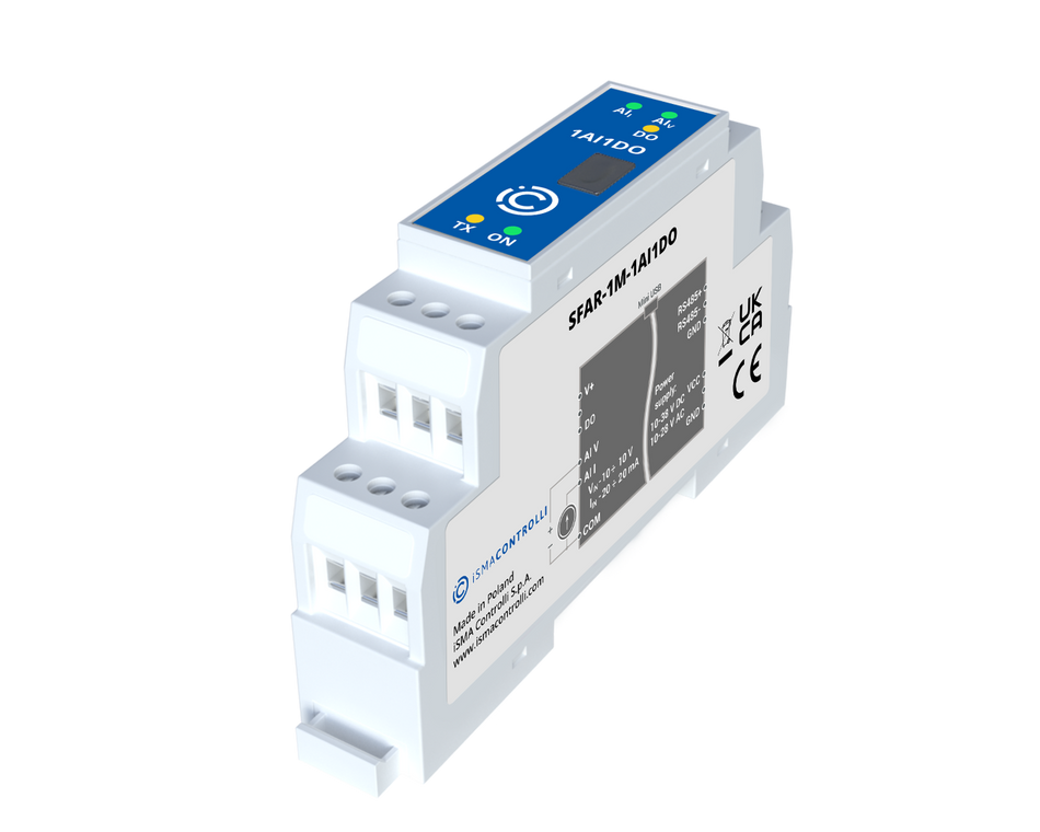 SFAR-1M-1AI1DO Industrial I/O module with Modbus RTU/ASCII communication - 1 Analog Input and 1 Digital Output. Power supply 12-24 V DC