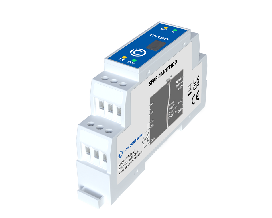SFAR-1M-1TI1DO Industrial I/O module with Modbus RTU/ASCII communication - 1 Temperature Input and 1 Digital Output. Power supply 12-24 V DC