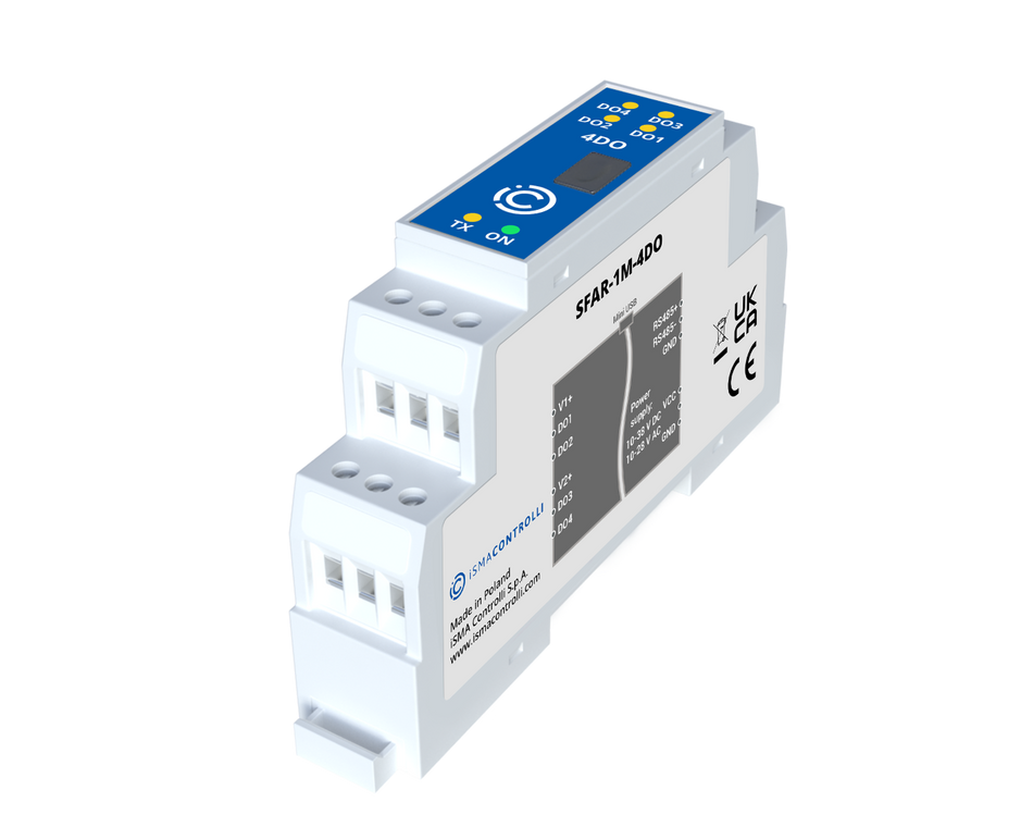 SFAR-1M-4DO Industrial I/O module with Modbus RTU/ASCII communication - 4 Digital Outputs, PNP type. Power supply 12-24 V DC