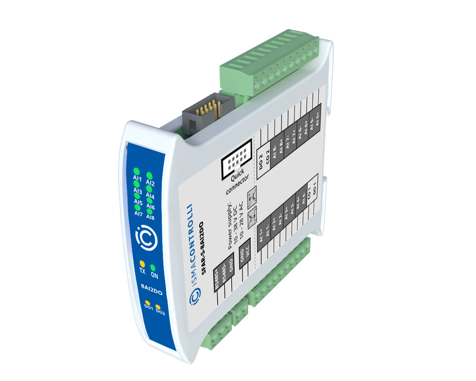 SFAR-S-8AI2DO Industrial I/O module with Modbus RTU/ASCII communication - 8 Analog Inputs and 2 Digital Outputs. Power supply 12-24 V DC