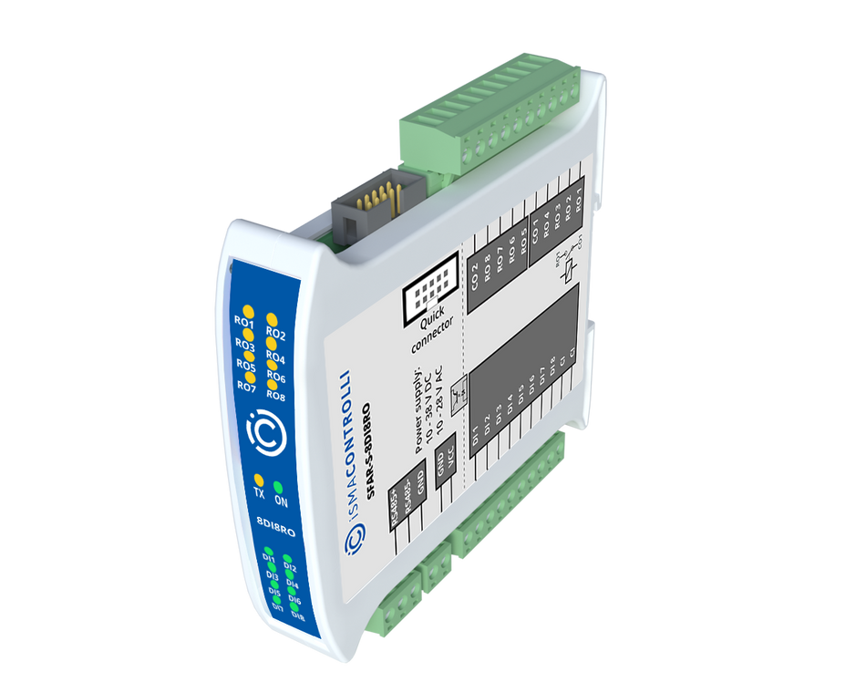 SFAR-S-8DI8RO Industrial I/O module with Modbus RTU/ASCII communication - 8 Digital Inputs and 8 Relay Outputs. Power supply 12-24 V DC