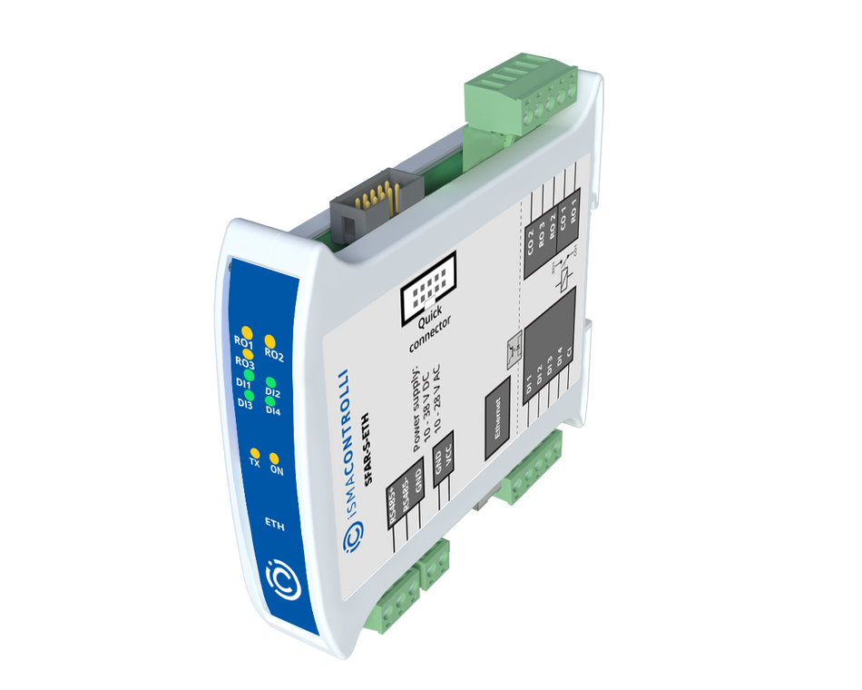 SFAR-S-ETH Modbus TCP to Modbus RTU/ASCII gateway. 1 ETH and 1 RS485 interfaces, 4 Digital Inputs, PNP or NPN type with counters & 3 Relay Outputs