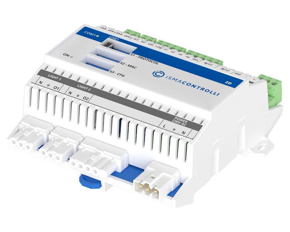 iSMA-B-2D Configurable lighting controller with Modbus RTU communication. Built-in: 2xDI, 2xSI, 2xDALI, (built-in Power supply max. 40 mA on each bus)