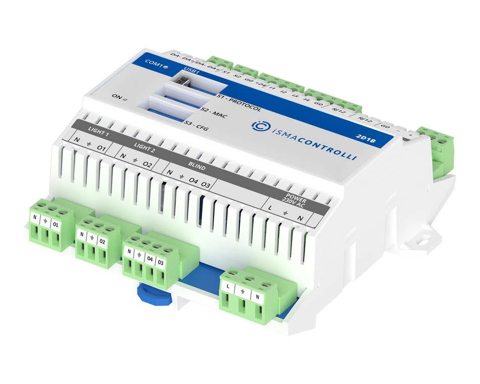 iSMA-B-2D1B Configurable lighting controller with Modbus RTU communication. Built-in: 2xDI, 2xSI, 2xDALI, (built-in Power supply max. 40 mA on each bus)