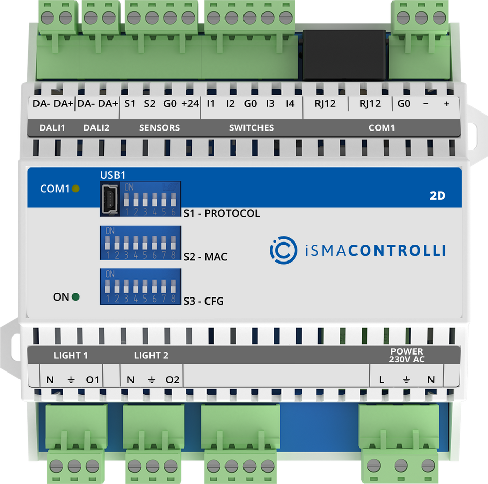 iSMA-B-2D Configurable lighting controller with Modbus RTU communication. Built-in: 2xDI, 2xSI, 2xDALI, (built-in Power supply max. 40 mA on each bus)