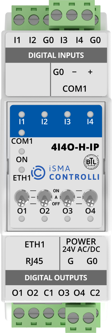 iSMA-B-4140-H-IP I/O module with Modbus TCP/IP (with built in Modbus Gateway to RS485) or BACnetIP communication