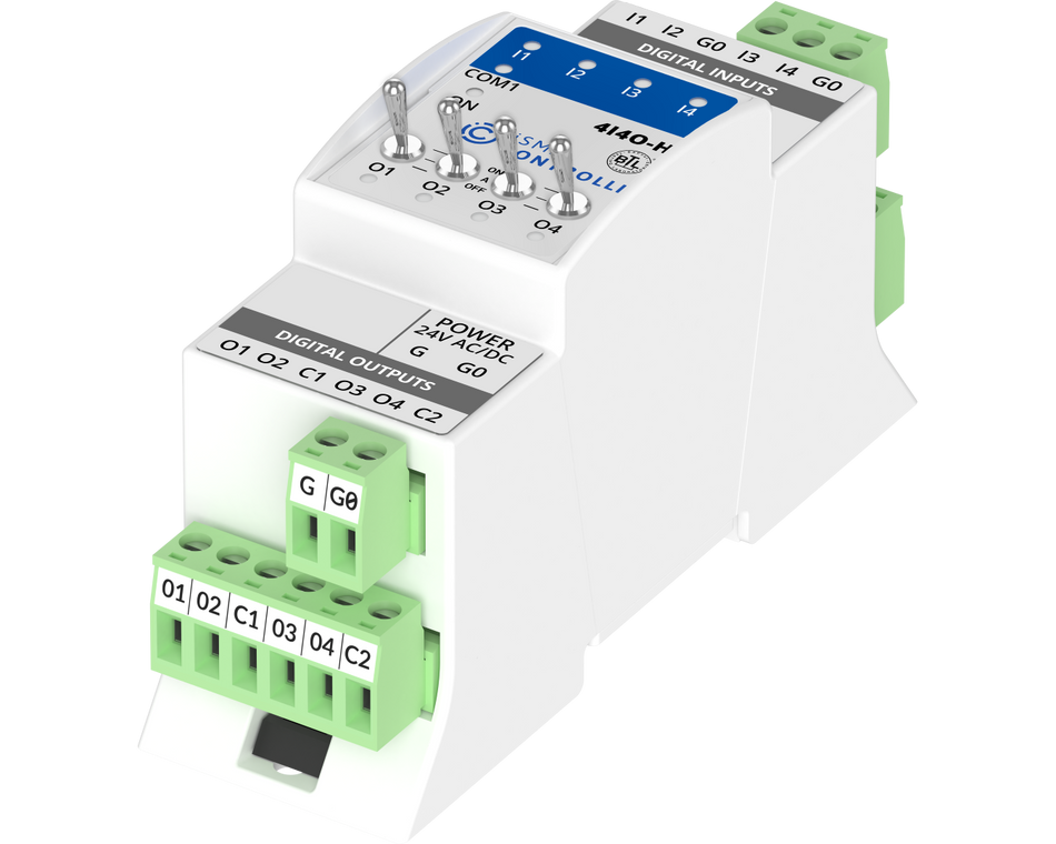 iSMA-B-4I4O-H I/O module with Modbus RTU/ASCII or BACnet MSTP communication. 1xRS485