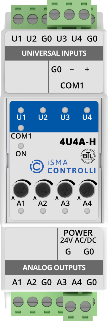 iSMA-B-4U4A-H I/O module with Modbus RTU/ASCII or BACnet MSTP communication. 1xRS485