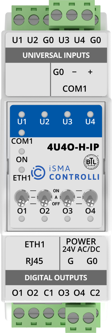 iSMA-B-4U4O-H-IP I/O module with Modbus TCP/IP (with built in Modbus Gateway to RS485) or BACnetIP communication