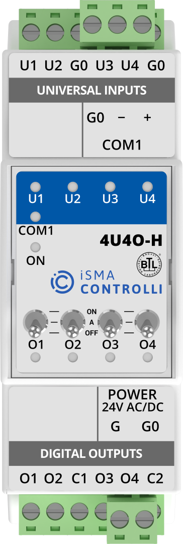 iSMA-B-4U4O-H I/O module with Modbus RTU/ASCII or BACnet MSTP communication. 1xRS485