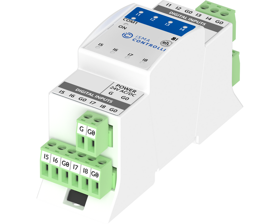 iSMA-B-8I I/O module with Modbus RTU/ASCII or BACnet MSTP communication. 1xRS485