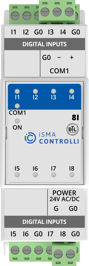 iSMA-B-8I I/O module with Modbus RTU/ASCII or BACnet MSTP communication. 1xRS485