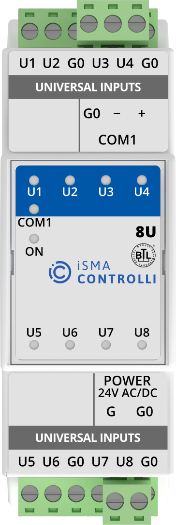 iSMA-B-8U I/O module with Modbus RTU/ASCII or BACnet MSTP communication. 1xRS485