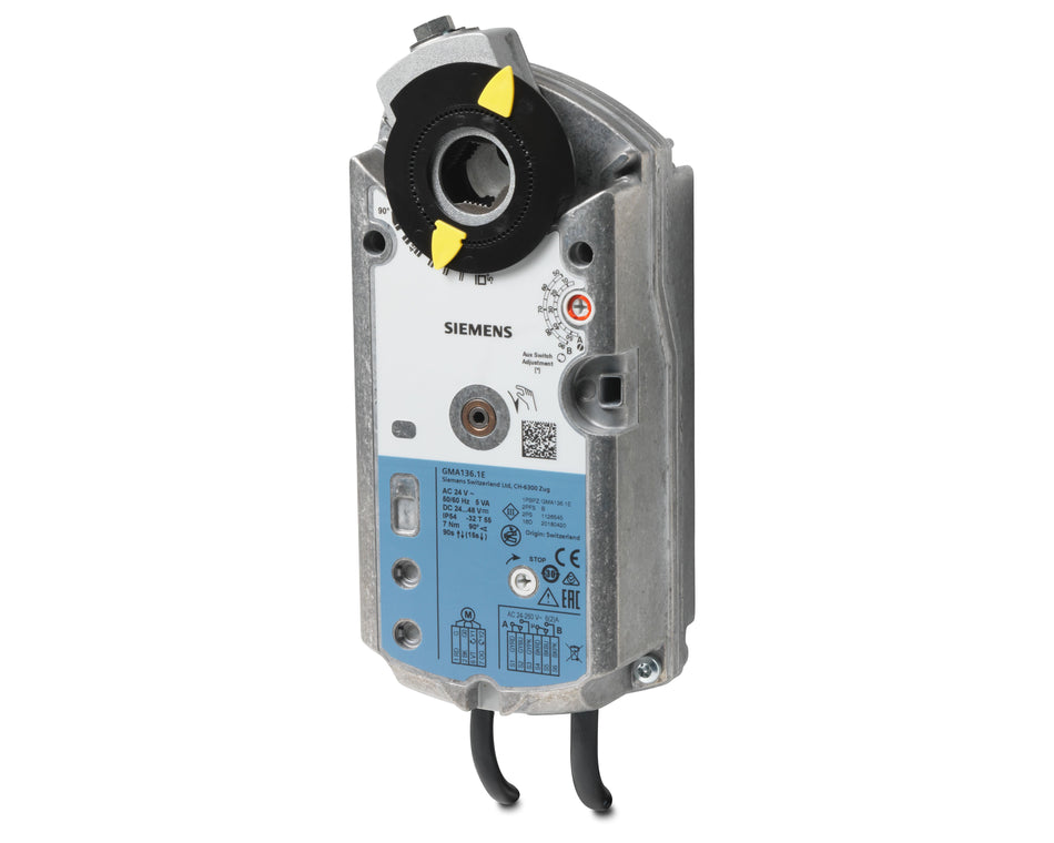 Siemens GMA136.1E Damper Actuator, Rotary, 7Nm, AC/DC 24V, 3-Pos, SR, Dual Aux. Switches