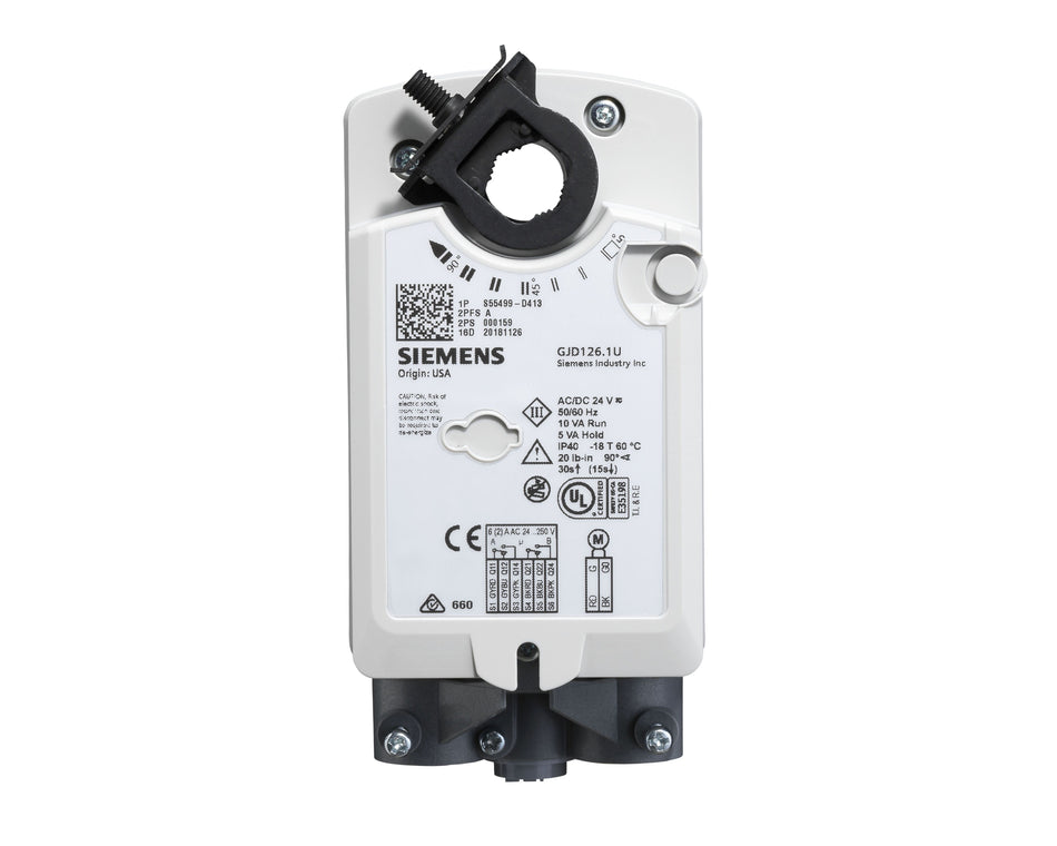 Siemens GJD326.1U Damper Actuator, Fire, Rotary, 2Nm, AC 230V, 2-Pos, SR, UL Listed, Dual Aux. Switches (S55499-D421)