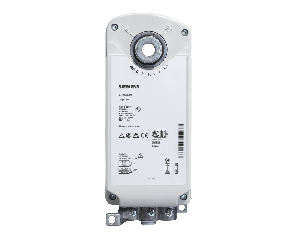 Siemens GRD326.1U Damper Actuator, Fire, Rotary, 3.4 Nm, AC 230V, 2-Pos, SR, UL Listed, Dual Aux. Switches