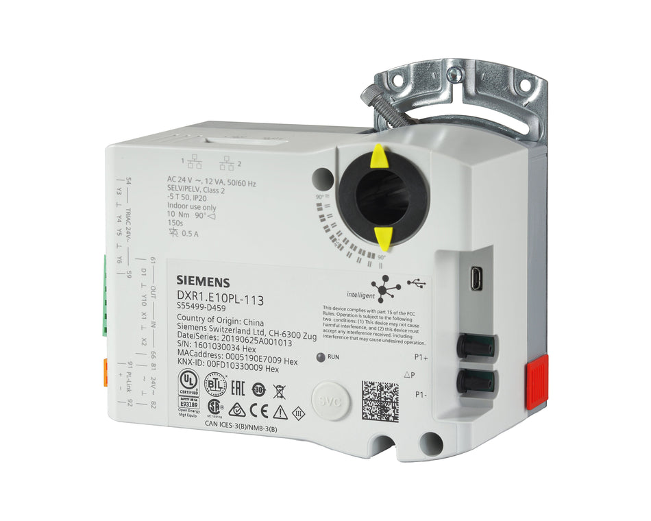 Siemens DXR1.E10PL-113 Compact, configurable room automation station and actuator combination, BACnet/IP, 24 V, 1 DI, 2 UI, 1 AO, 4 triac, pressure sensor, FPB053 (S55499-D459)