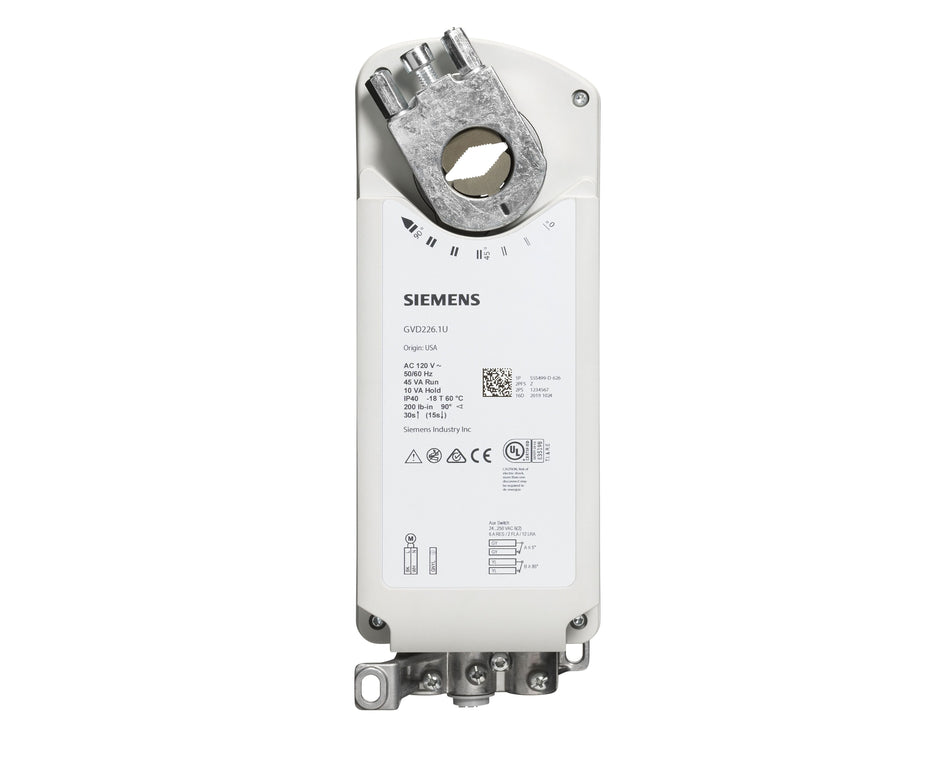 Siemens GVD326.1U Damper Actuator, Fire, Rotary, 23 Nm, AC 230V, 2-Pos, SR, UL Listed, Dual Aux. Switches