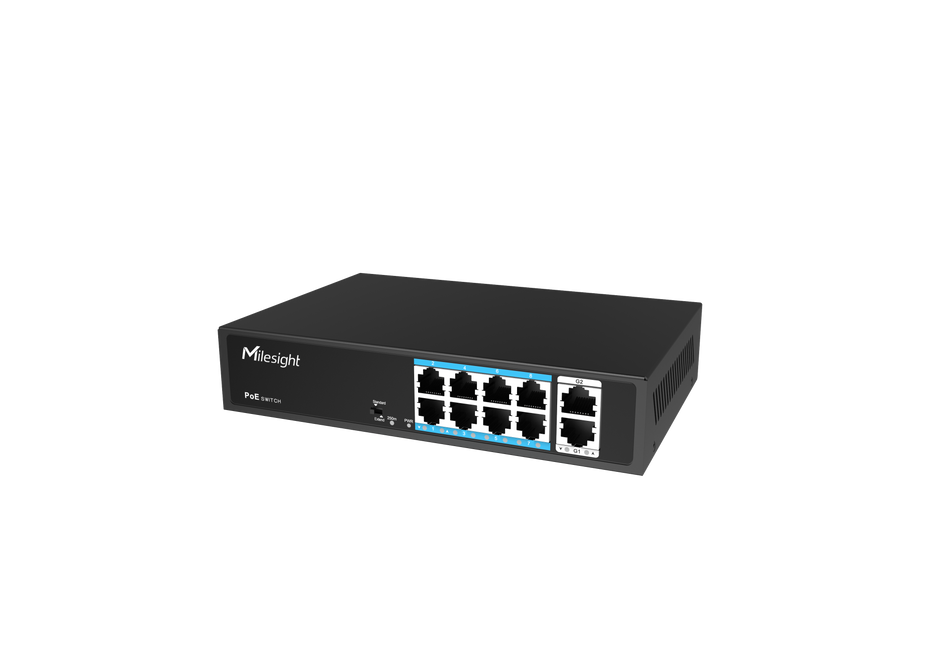 Milesight MS-S0208-GL 8-Port PoE Switch with Gigabit uplink, unmanaged, powers IP cameras and network devices via PoE.