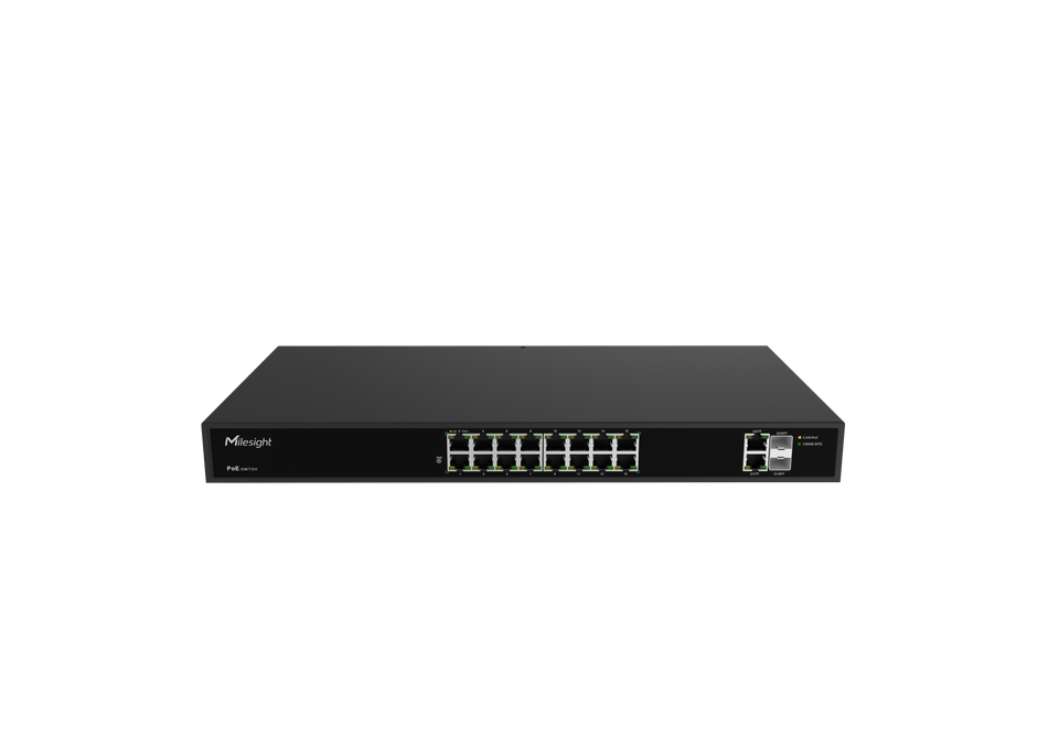 Milesight MS-S0416-GF 16-Port PoE Switch with SFP uplinks, unmanaged, provides PoE power and flexible fibre connectivity.
