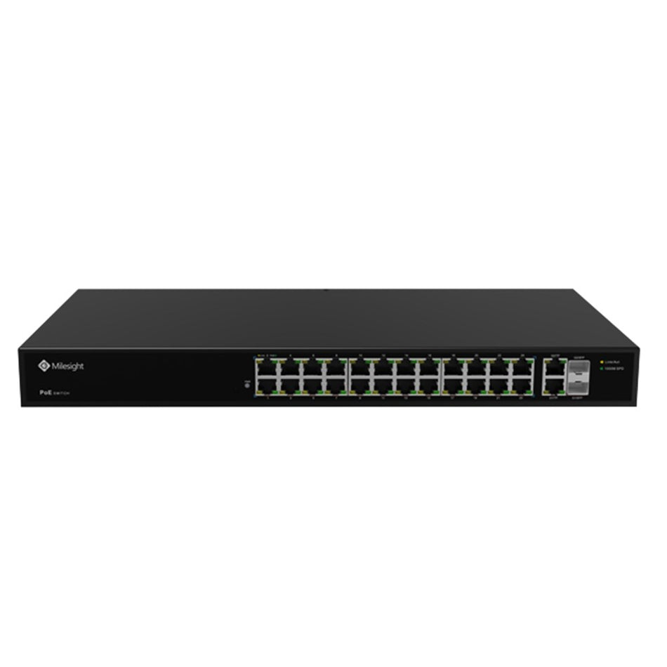 Milesight MS-S0424-GF 24-Port PoE Switch with SFP uplinks, unmanaged, high-density PoE with fibre uplink options.
