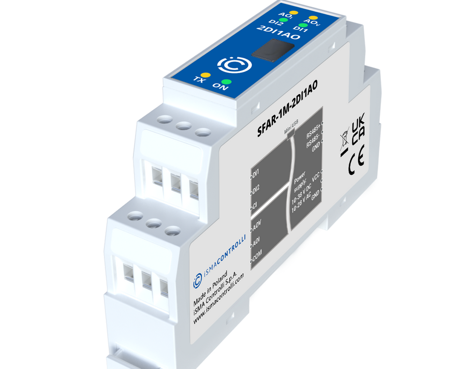 SFAR-1M-2DI1AO Industrial I/O module with Modbus RTU/ASCII communication - 2 Digital Inputs and 1 Analog Output. Power supply 12-24 V DC