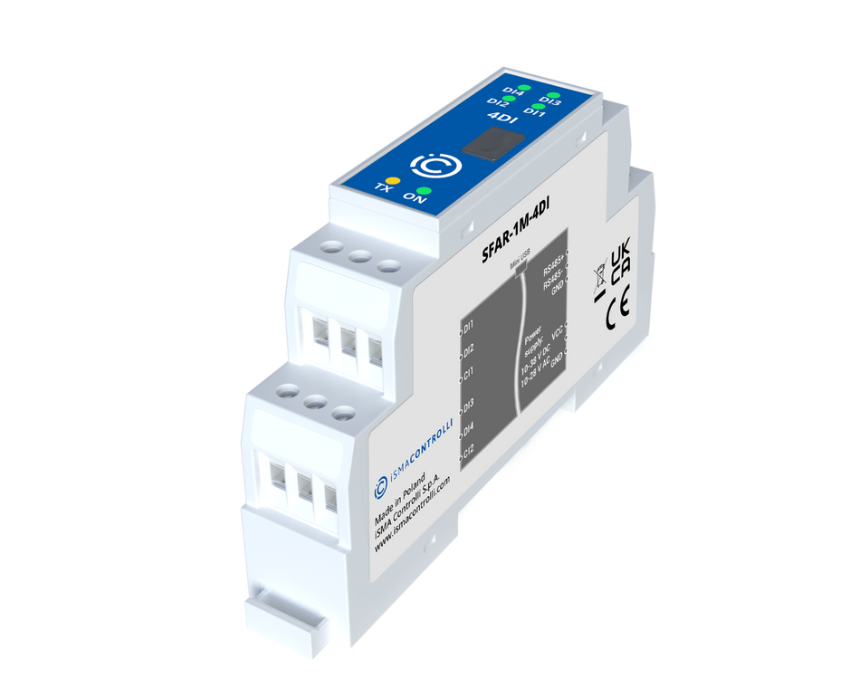 SFAR-1M-4DI Industrial I/O module with Modbus RTU/ASCII communication - 4 Digital Inputs, PNP or NPN type. Power supply 12-24 V DC