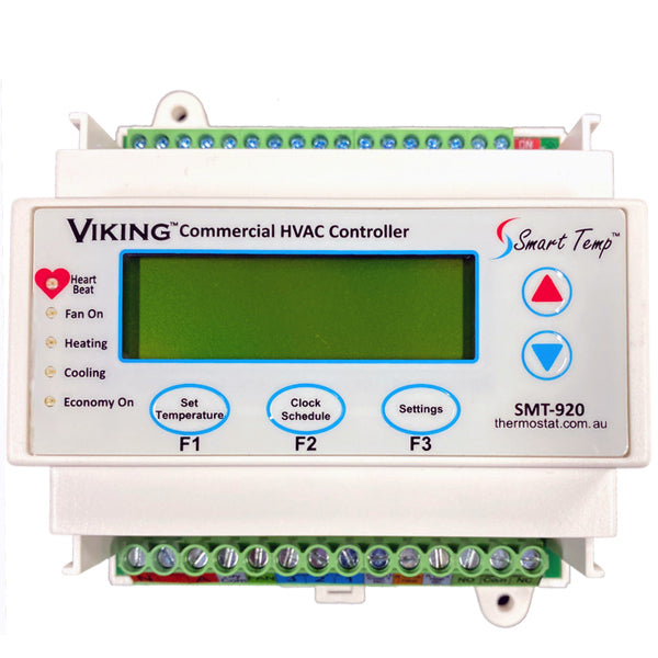 Smart Temp SMT-920 (Viking) multifunction HVAC Controller, 4 Stage Compressor, 7 Day/ 365 Day Time Scheduling, Lead Lag, 0-10 Volt Valve Outputs, Economy function, Backlit LCD, 240V / 24V powered.