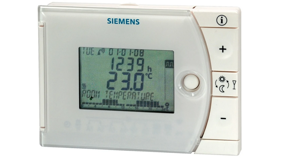 Siemens REV13 Room Thermostat, LCD, Heat, DC 3V Batt., 24hr T/Switch, 2 Heating Phases, 5 Operating Modes