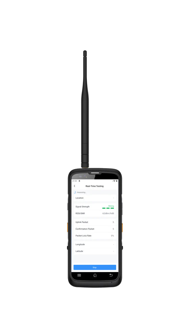 Milesight FT101 Field Tester, LoRaWAN AU915, portable network test tool showing RSSI/SNR and packet loss to optimise deployments.