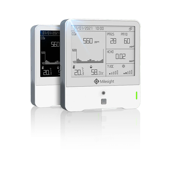 Milesight AM307 IAQ Sensor, LoRaWAN AU915, CO2, temperature, humidity, light and motion sensing for smart buildings.