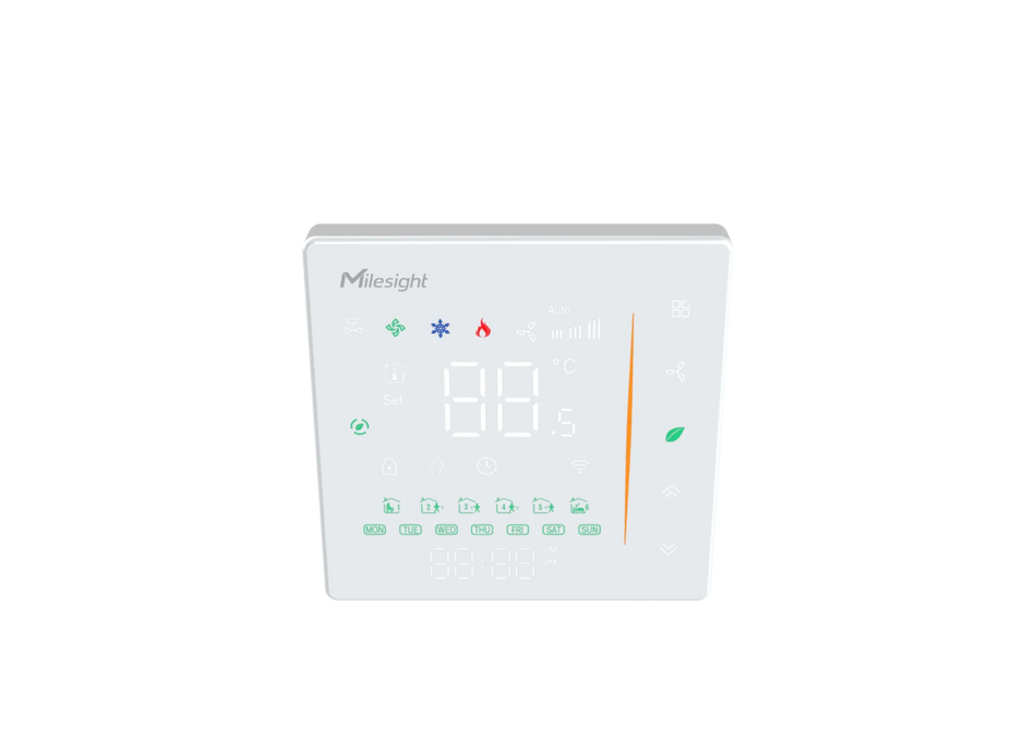 Milesight WT30x Smart Fan Coil Thermostat, LoRaWAN AU915, touchscreen FCU controller for 2/4-pipe systems and fan control.