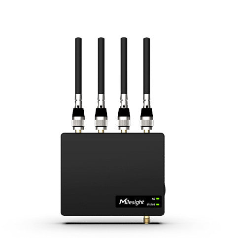 Milesight UF31 5G Industrial Cellular Router, dual SIM, Ethernet, secure VPN, rugged metal housing for IoT connectivity.