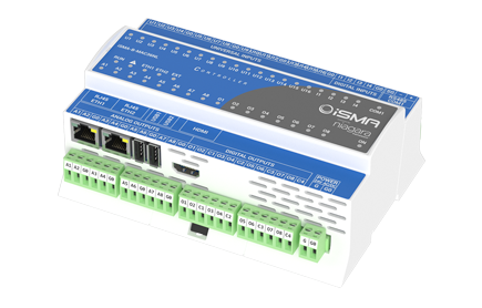 iSMA MAC36 Controller 16UI, 4DI, 8DO, 8AO, 1xRS485, 2xETH, 2xUSB, 1xHDMI, 1x SD card slot. 24 V AC/DC power supply.