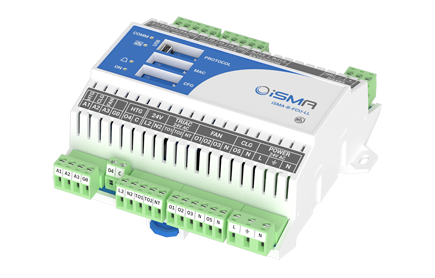 iSMA Freely programable fan-coil unit controller with Modbus RTU/ASCII or BACnet MSTP communication. 230v or 24v Power supply. Built-In 4DI, 4SI, 1DO-HTG , 1DO-CLG , 3DO-FAN, 2TO, 3AO.